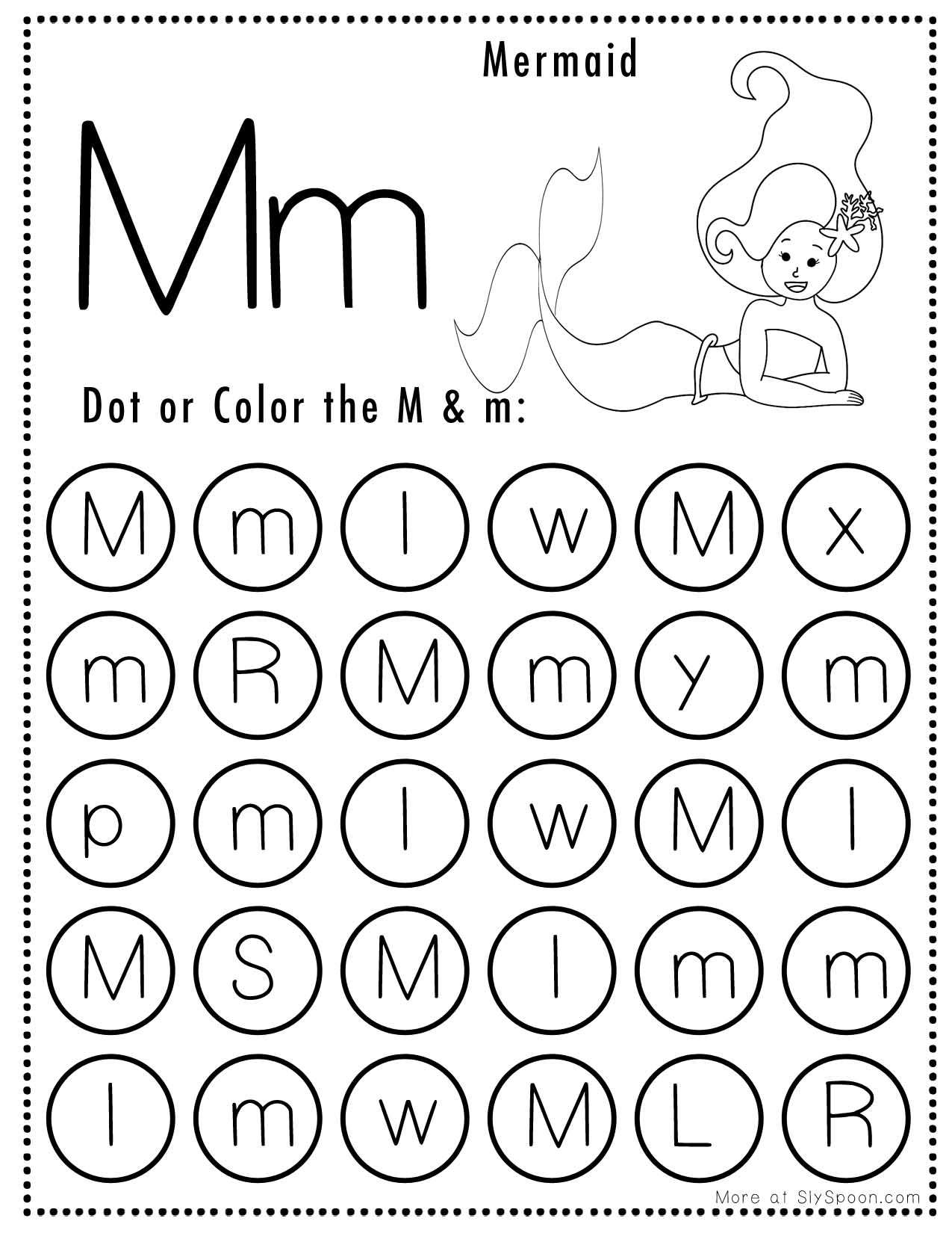 free alphabet do a dot printables worksheets - letter m (mermaid